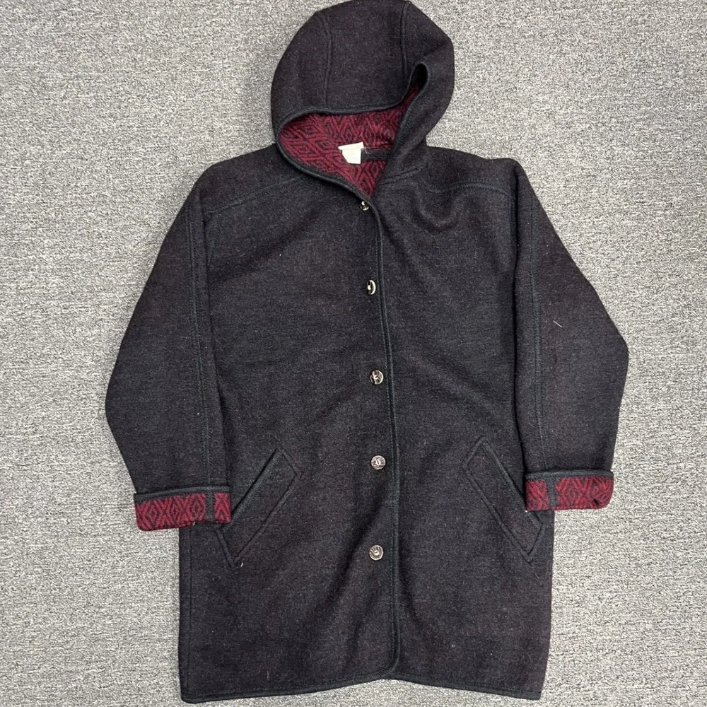 L.L. Bean Hooded Coat Womens Large Charcoal Red Wool Made in Austria Vintage